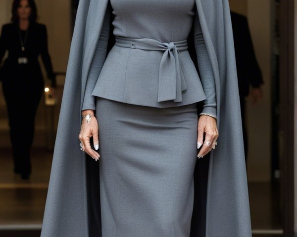 Stylish Woman in Gray Ensemble with Flowing Cape