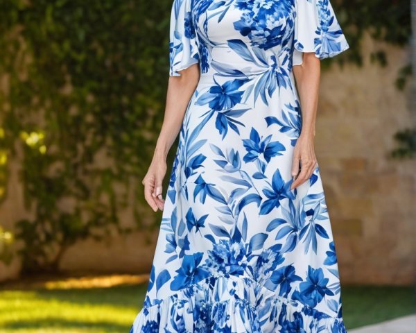 Off-the-shoulder dress with blue floral patterns
