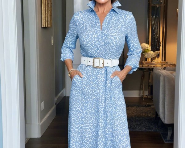 Stylish Woman in Light Blue Dress in Elegant Setting