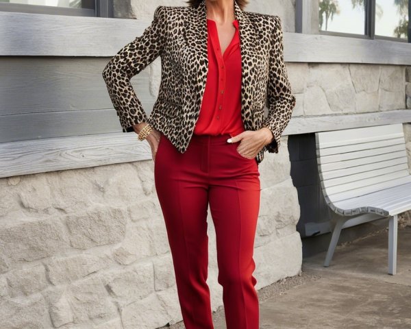 Confident Woman in Leopard Blazer and Red Ensemble