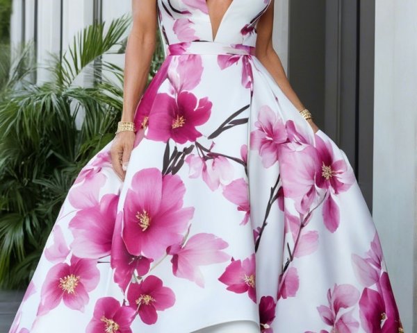 Floral Halter Dress with High-Low Hem and Accessories