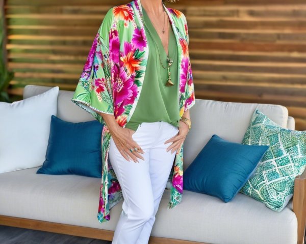 Woman in Floral Kimono on Sofa with Decorative Pillows