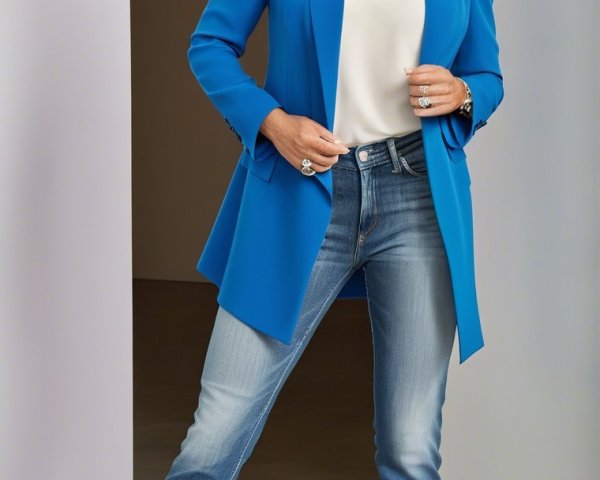 Fashionable Woman in Blue Blazer and Light-Wash Jeans