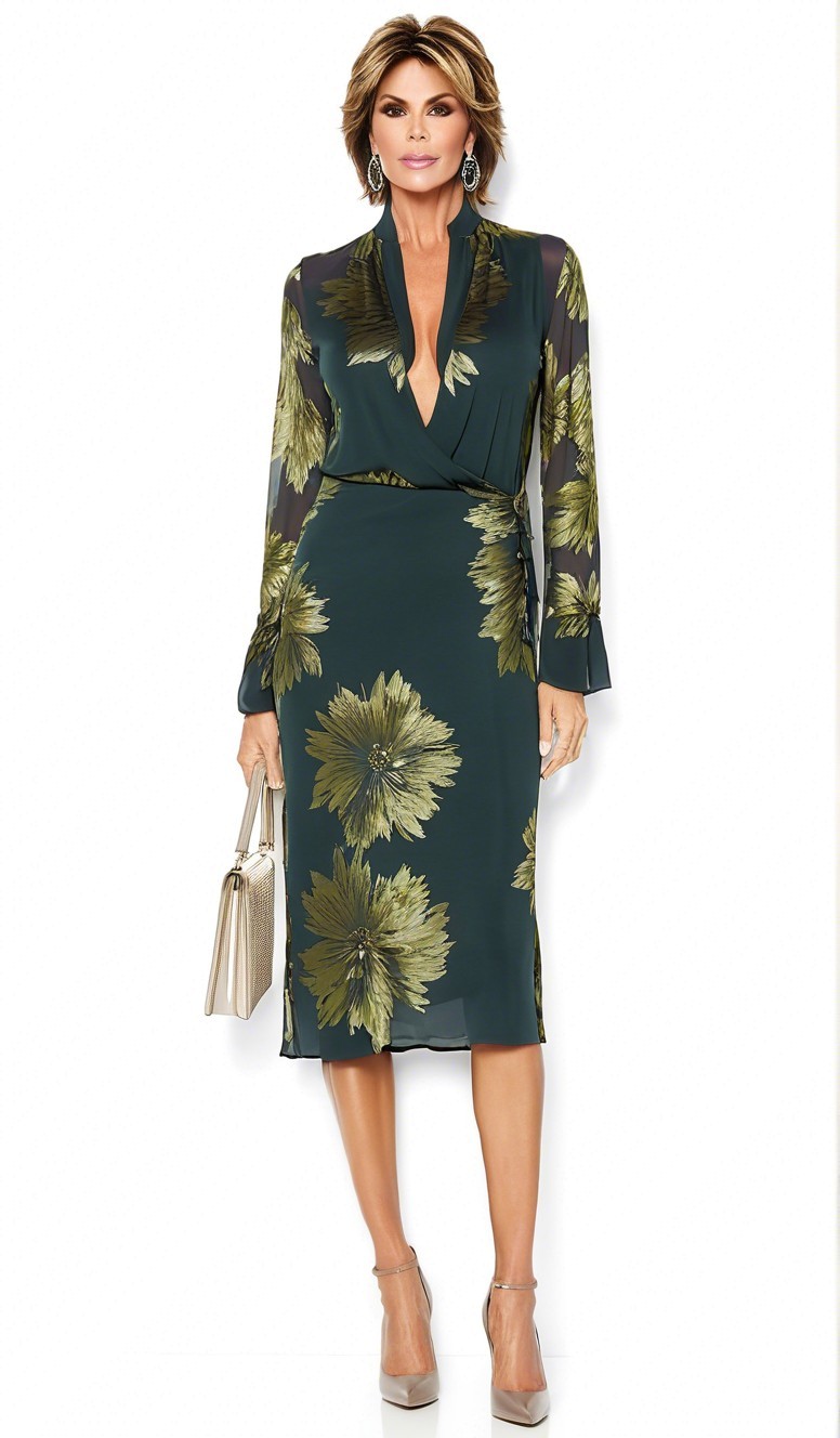 Stylish Woman in Deep Green Floral Dress and Accessories