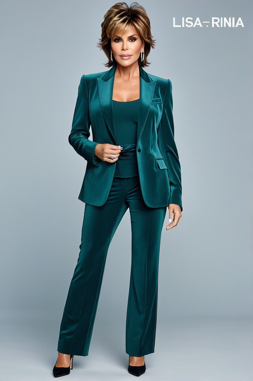 Confident Woman in Stylish Teal Suit with Heels