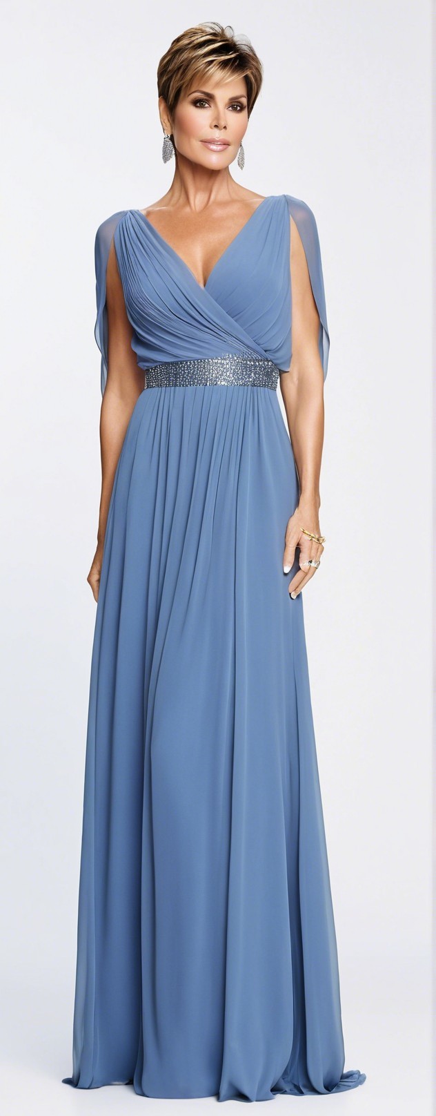 Elegant Woman in Light Blue Gown with Sheer Sleeves