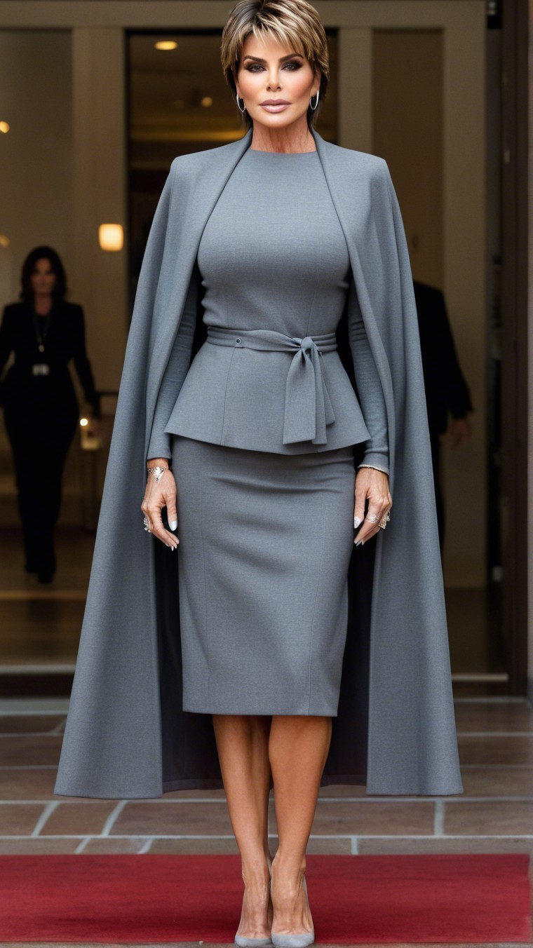 Stylish Woman in Gray Ensemble with Flowing Cape