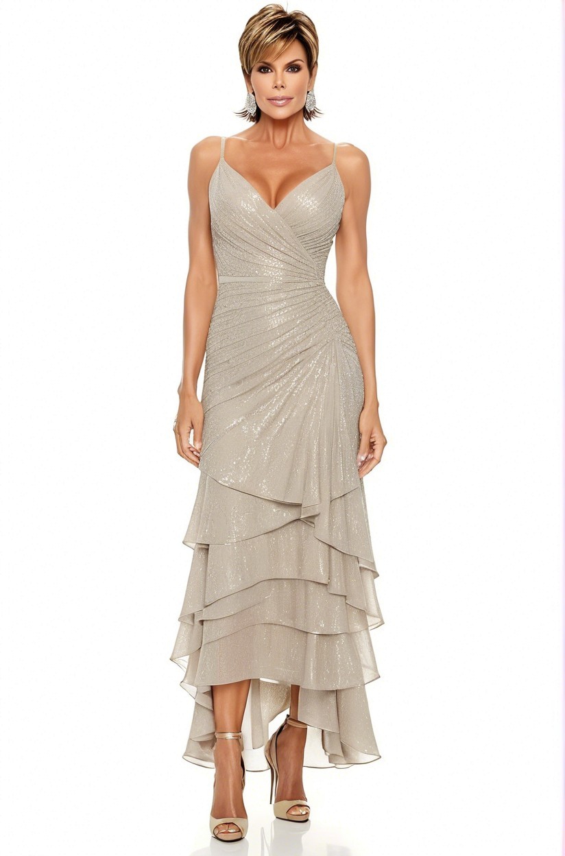 Stylish woman in a sparkling fitted V-neck dress