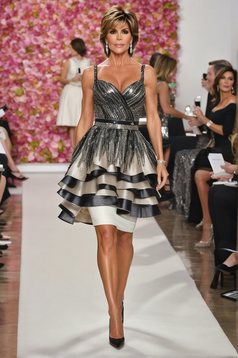 Stylish Model in Shimmering Ruffled Dress on Runway