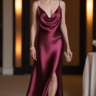 Elegant burgundy gown with deep V-neck and side slit