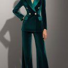 Confident Woman in Luxurious Dark Teal Suit Ensemble