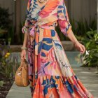 Floral Wrap Dress with Chic Accessories in Greenery