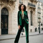 Elegant Woman in Green Velvet Suit on City Street