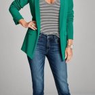 Stylish Woman in Green Blazer and Blue Jeans Outfit