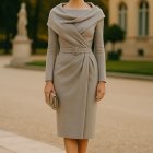 Confident Woman in Stylish Gray Dress Suit on Path