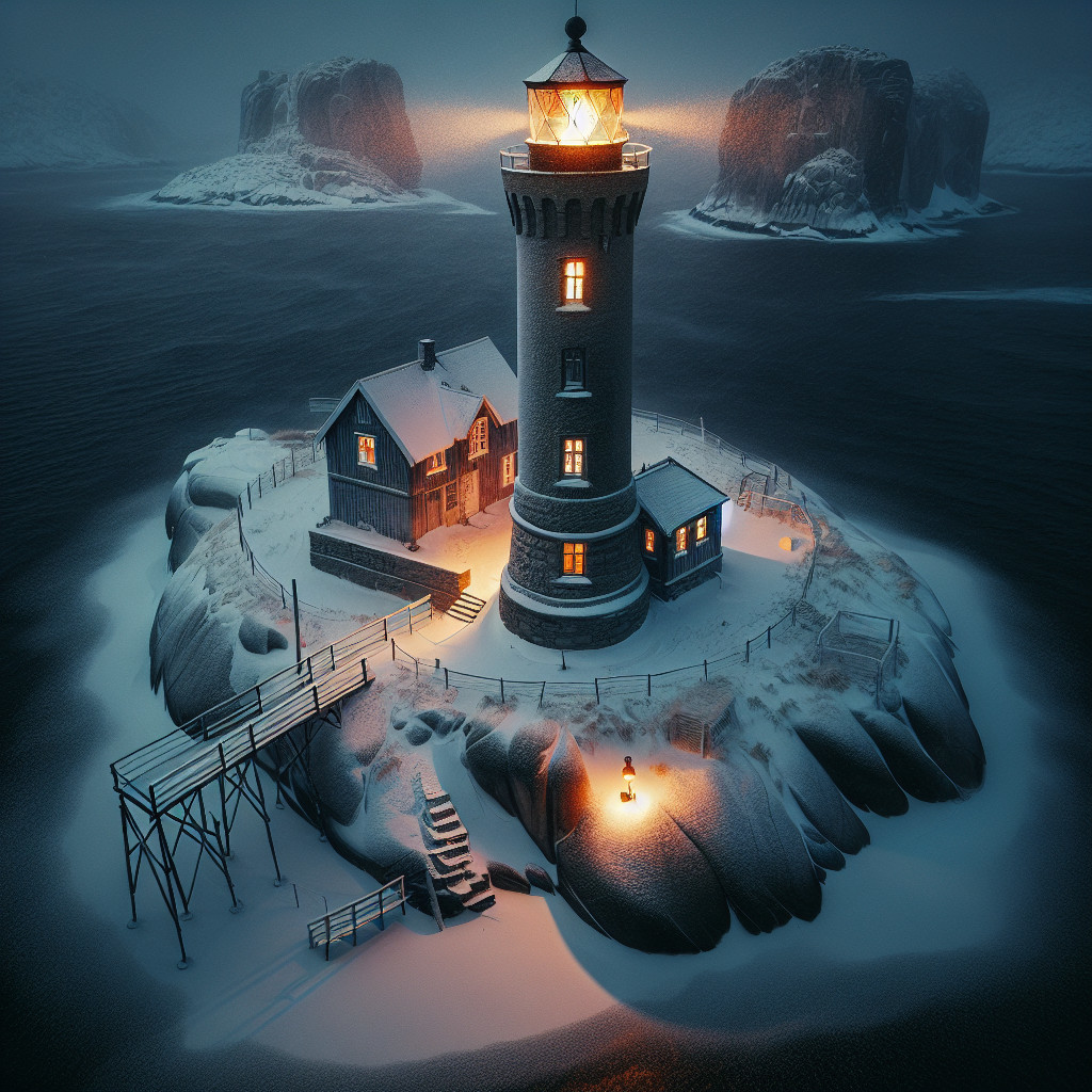 Lighthouse on Snowy Island in Twilight Mist