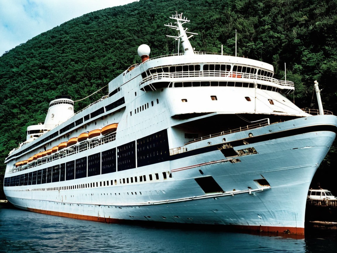Cruise Ship Anchored in Calm Waters with Mountainside