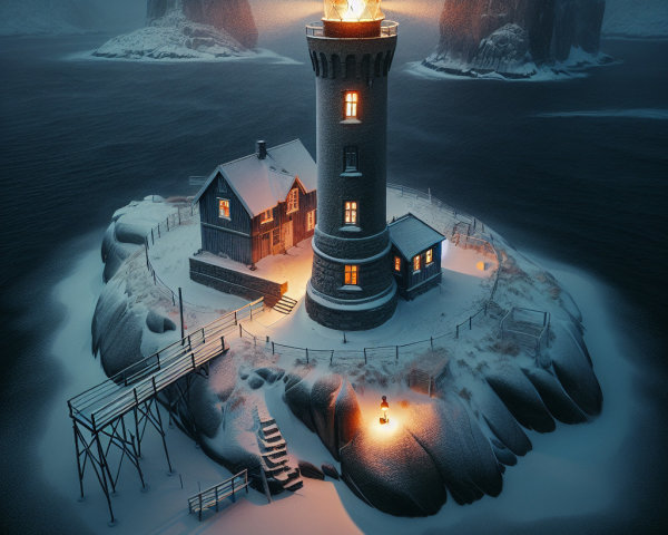 Lighthouse on Snowy Island in Twilight Mist