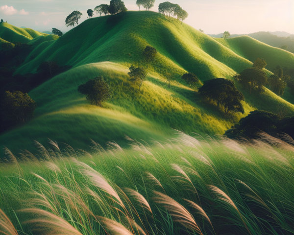 Serene Landscape of Rolling Green Hills at Sunrise