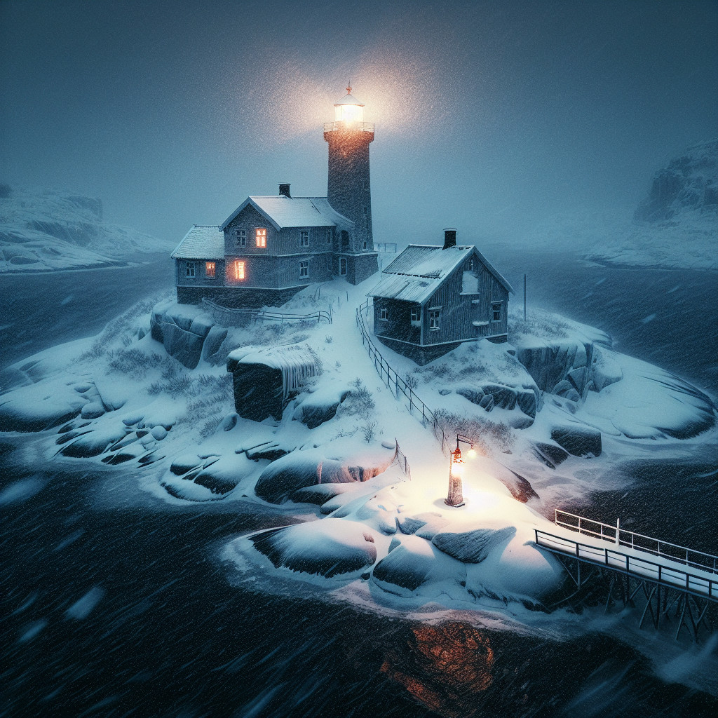 Solitary lighthouse on a rocky island in winter