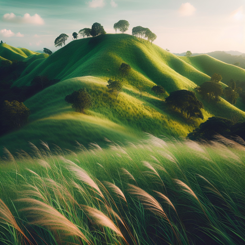 Serene Landscape of Rolling Green Hills at Sunrise