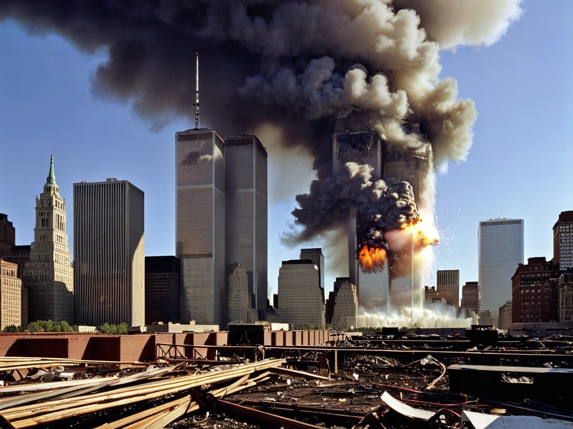 Twin Towers in New York City engulfed in flames