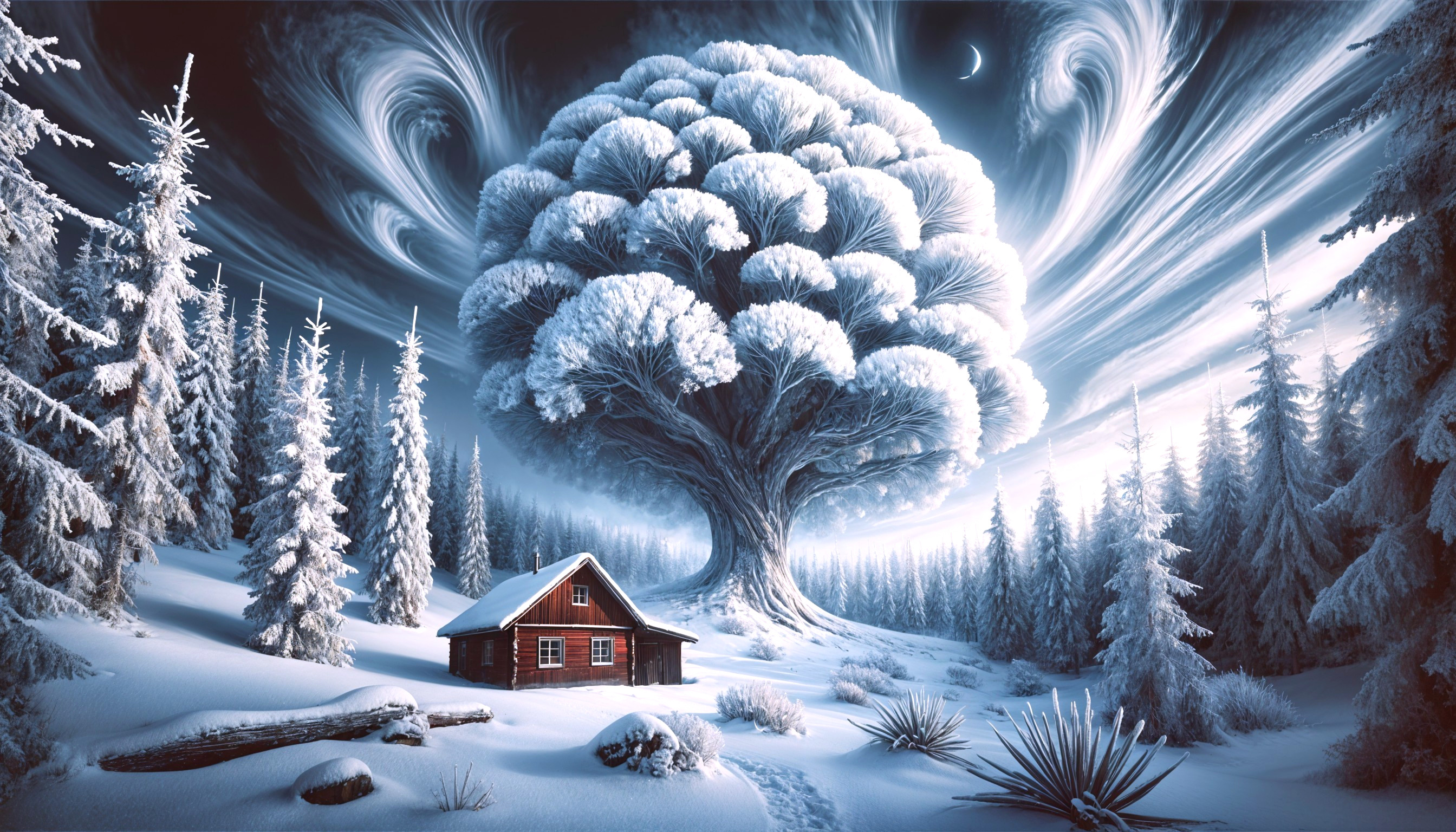 Cozy Cabin in Serene Winter Landscape with Snowy Pines