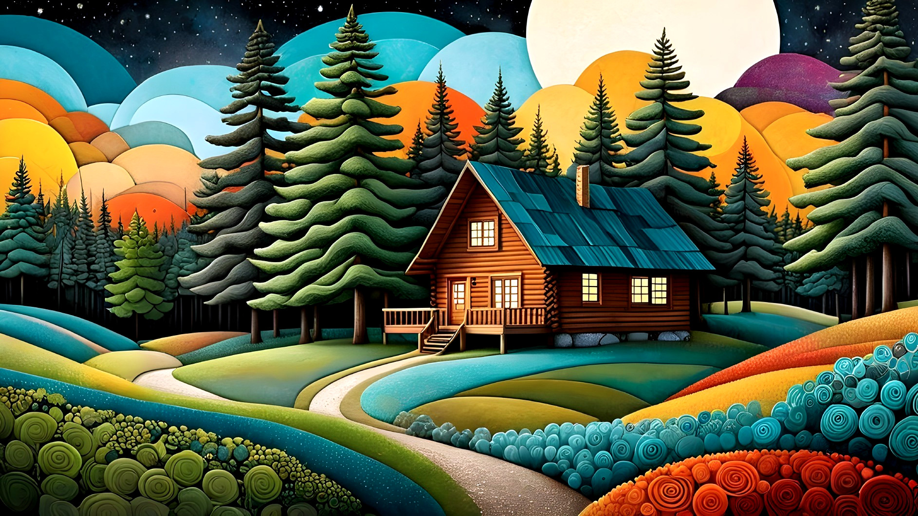 Cozy Wooden Cabin in Vibrant Rolling Hills at Night