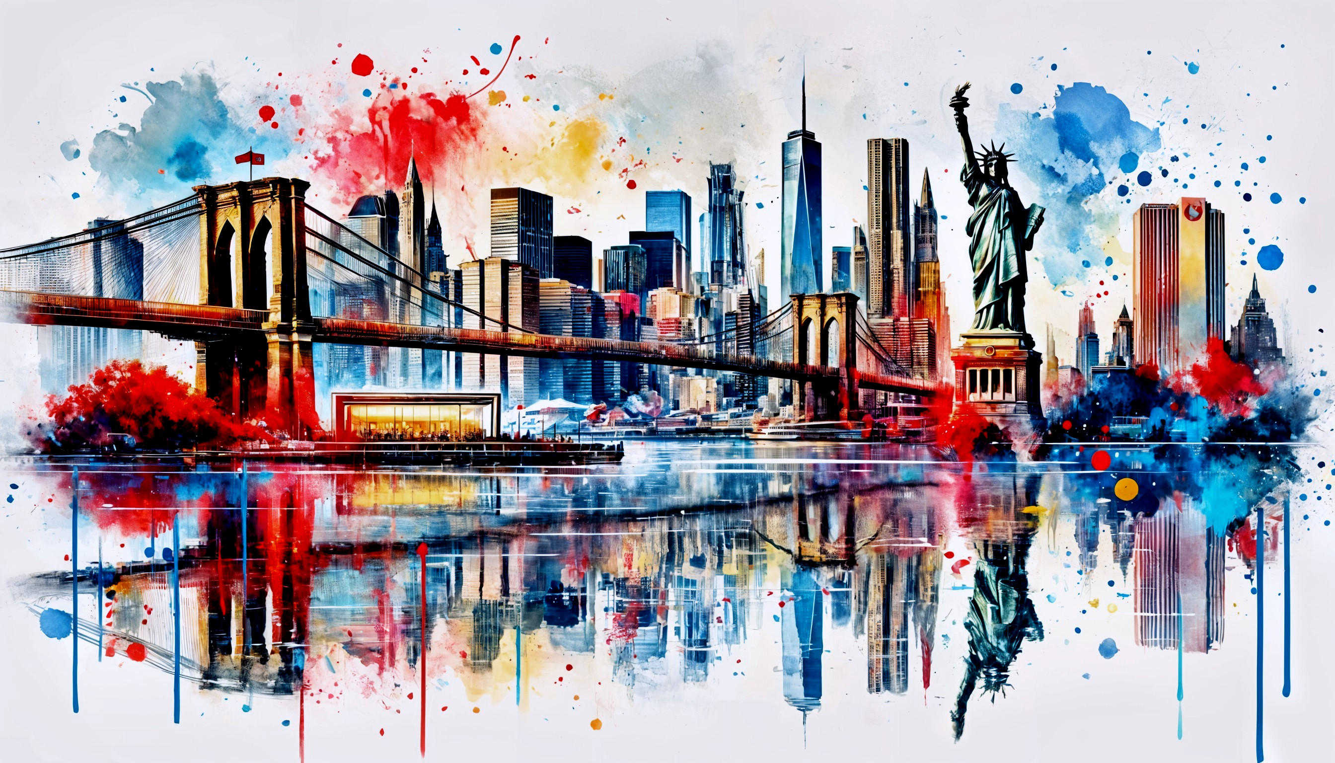Watercolor New York City Skyline at Sunset