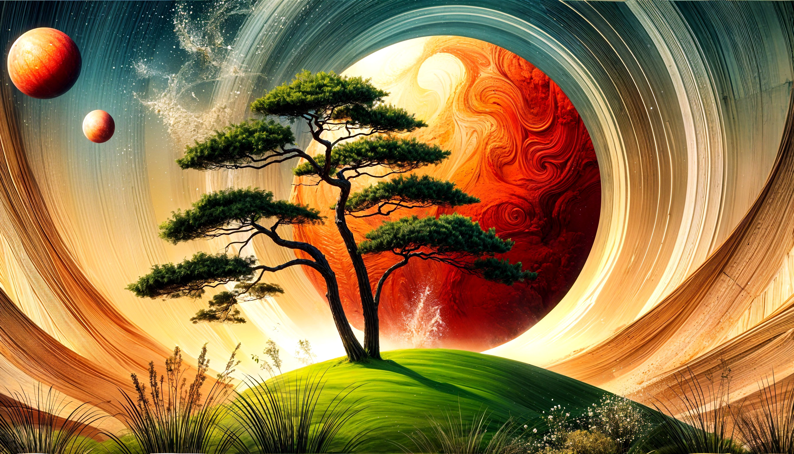 Surreal Landscape with Pine Tree and Cosmic Elements