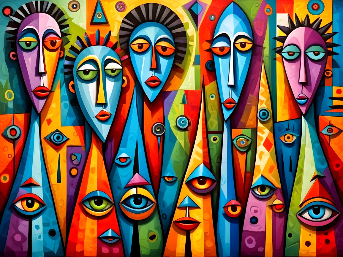 Abstract Artwork of Stylized Faces in Bold Colors