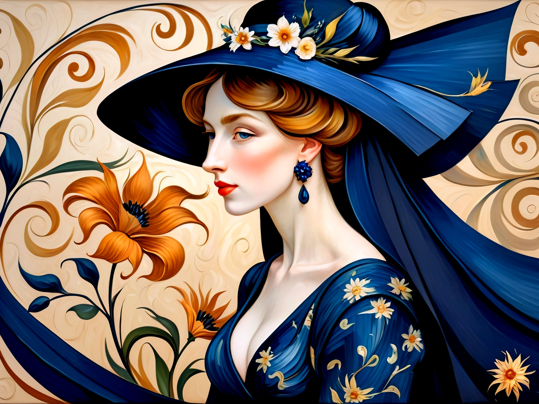 Stylish Woman in Floral Hat and Elegant Dress