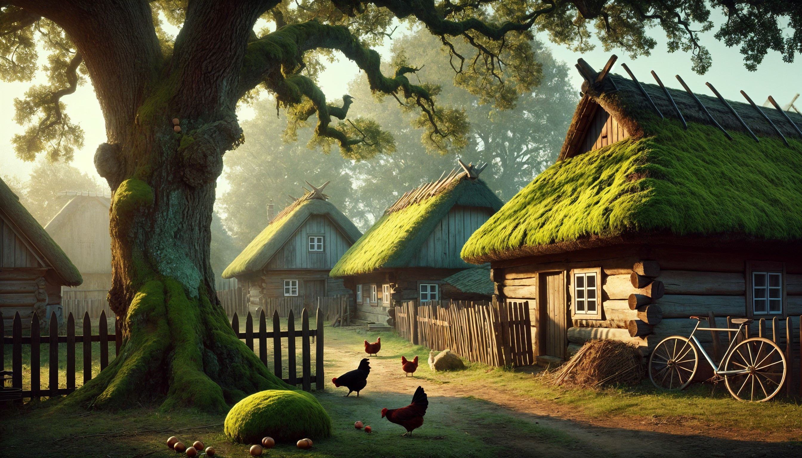 Rustic Village Scene with Cottages and Greenery
