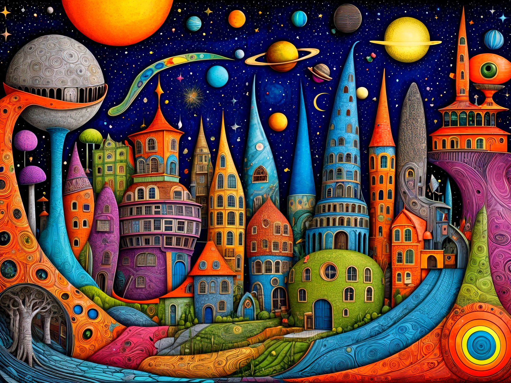 Vibrant Cityscape Under Cosmic Sky with Colorful Planets