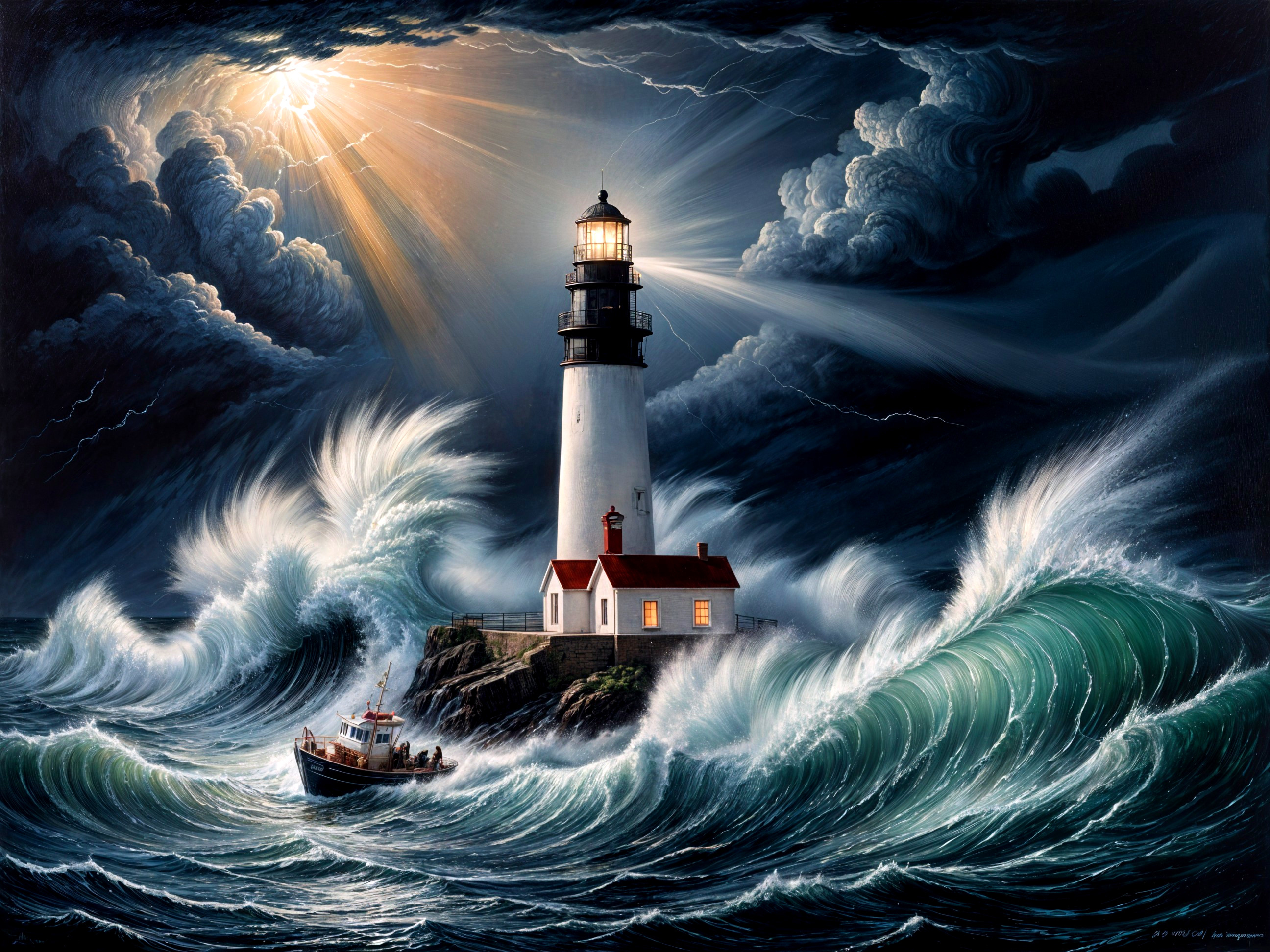 Dramatic seascape with lighthouse and stormy waves