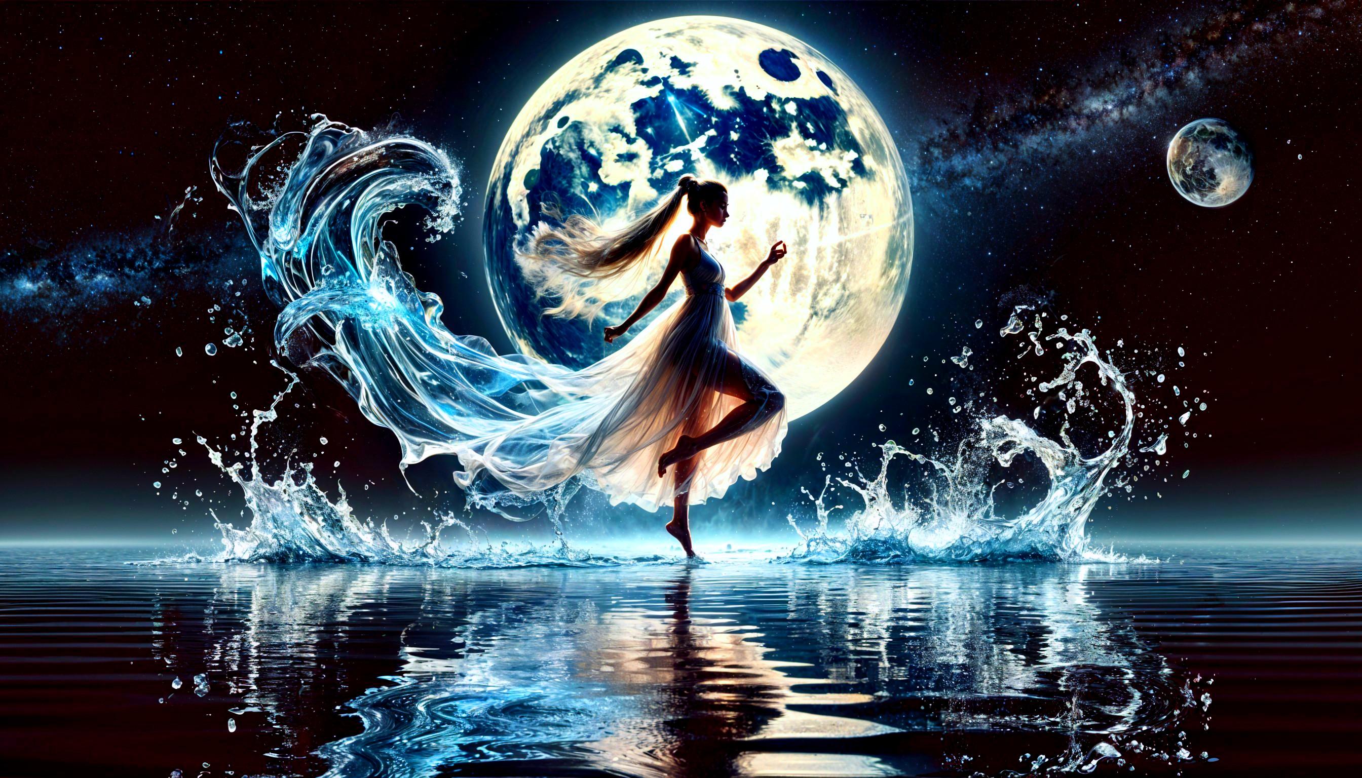 Mystical Figure Dancing in Celestial Landscape