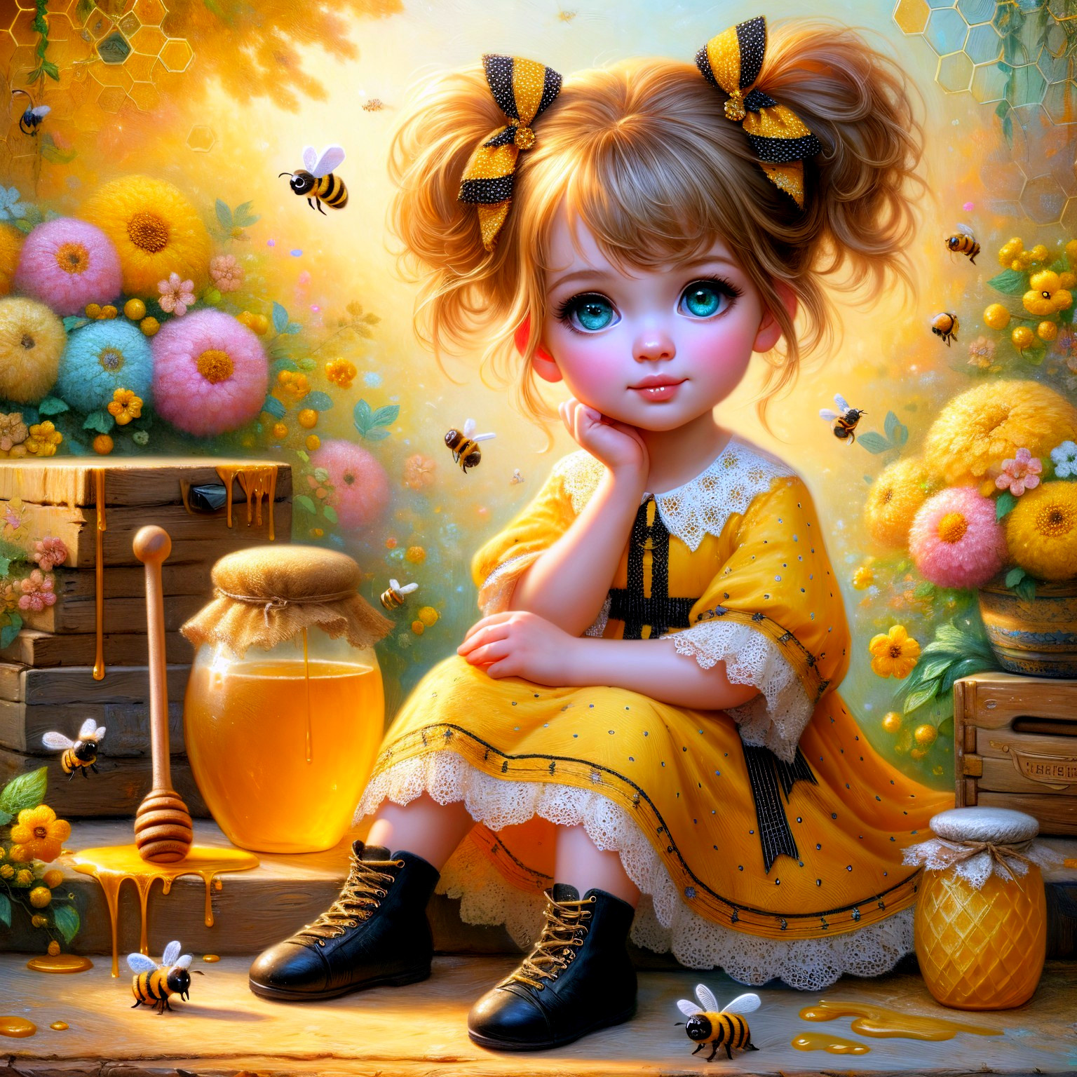 Young girl in yellow dress among flowers and bees