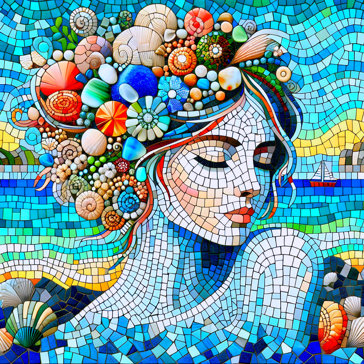 Mosaic Portrait of a Woman with Ocean Themes