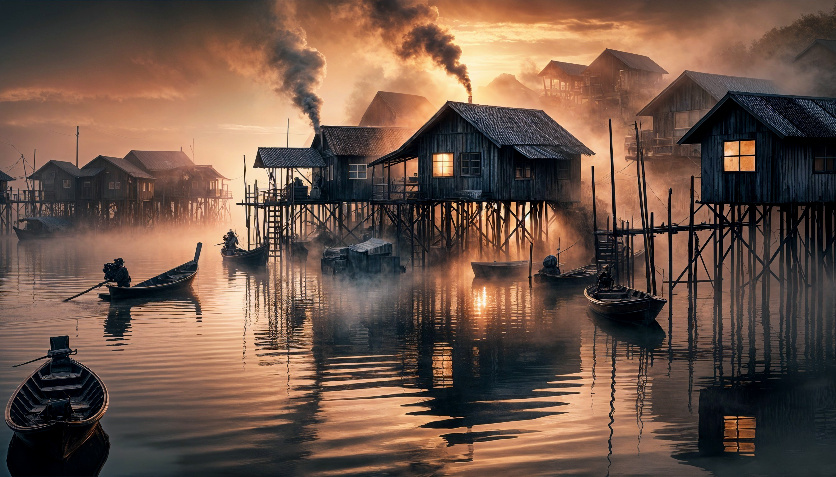 Serene Waterfront Village at Dusk with Stilt Houses