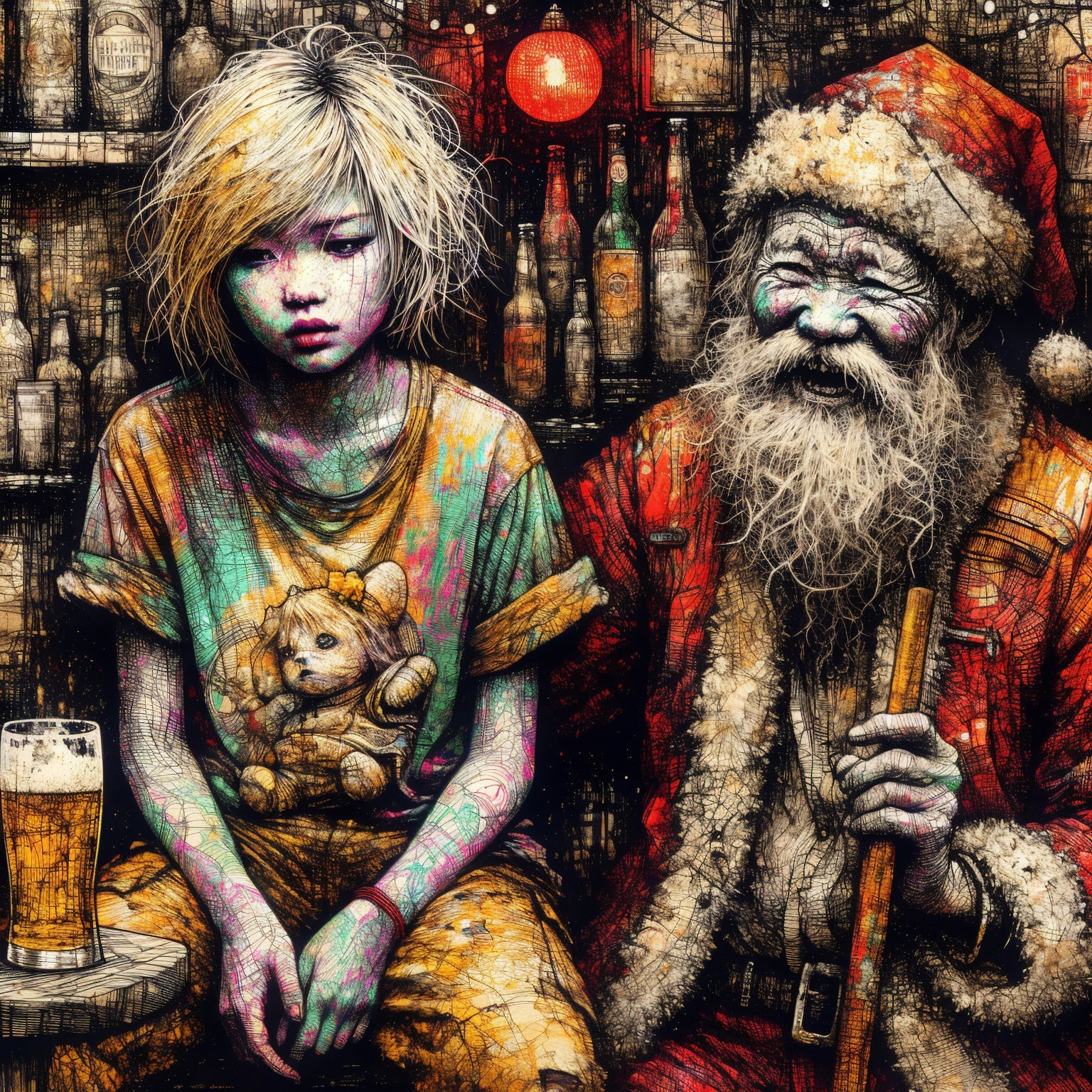 Punk Rock Santa Claus and Girl in Grunge Art Style