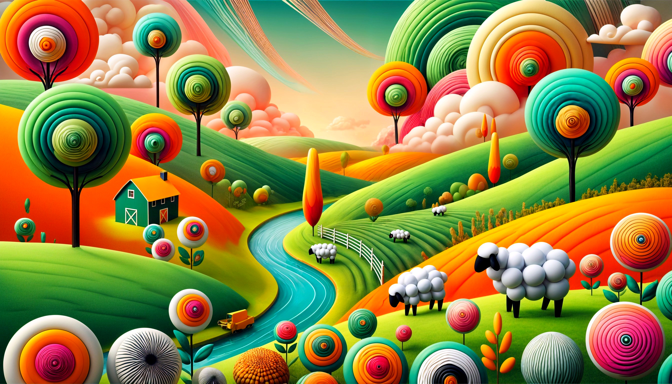 Vibrant Whimsical Landscape with Colorful Trees and River