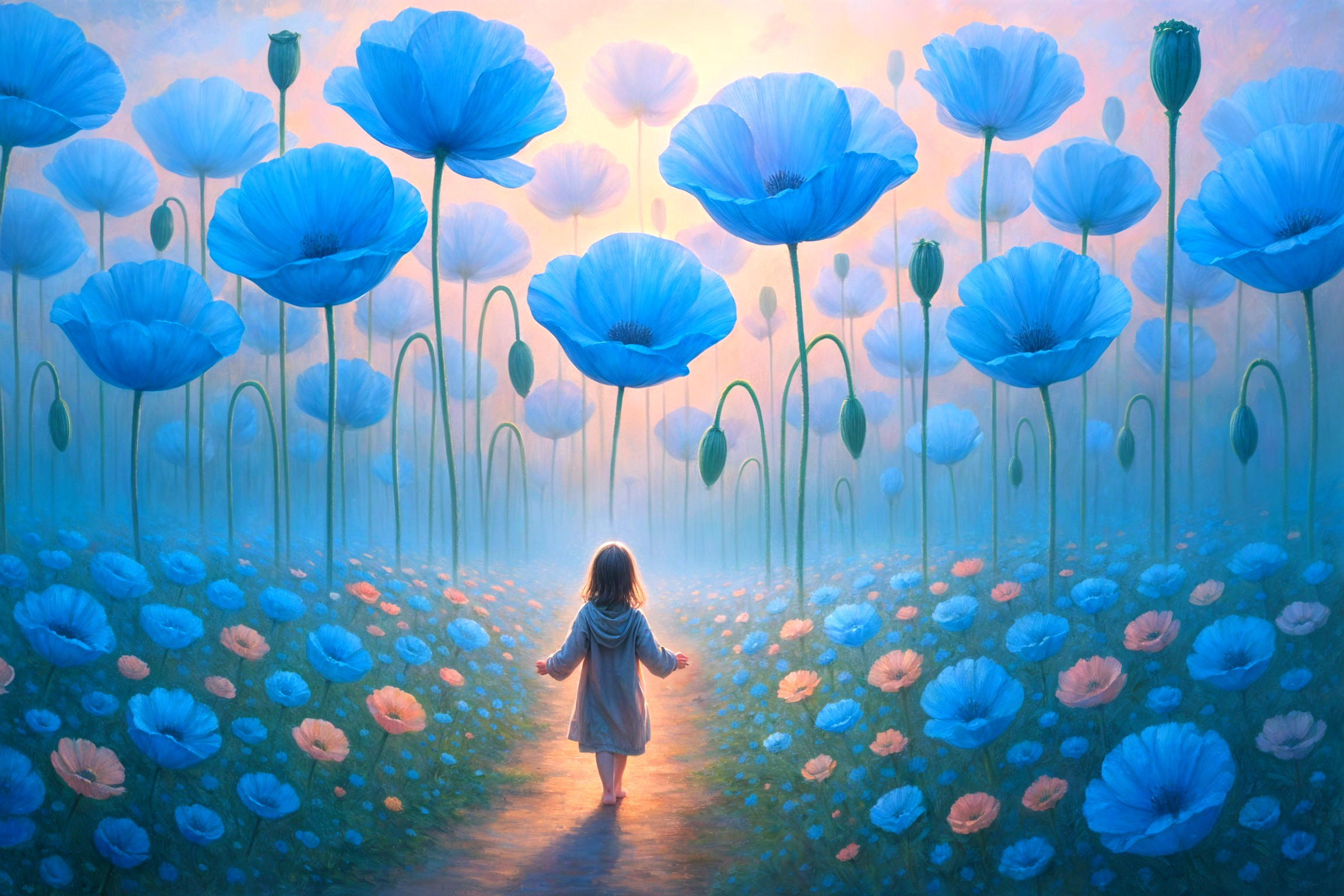 Child Walking on Winding Path Among Blue Poppies