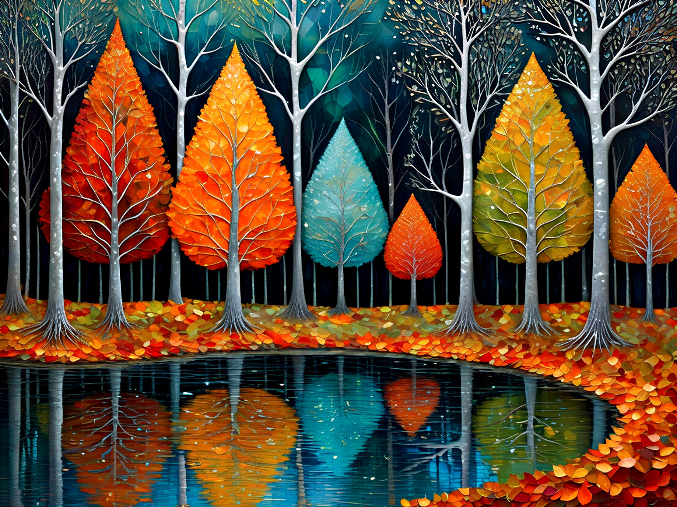 Vibrant Autumn Scene with Colorful Trees and Pond