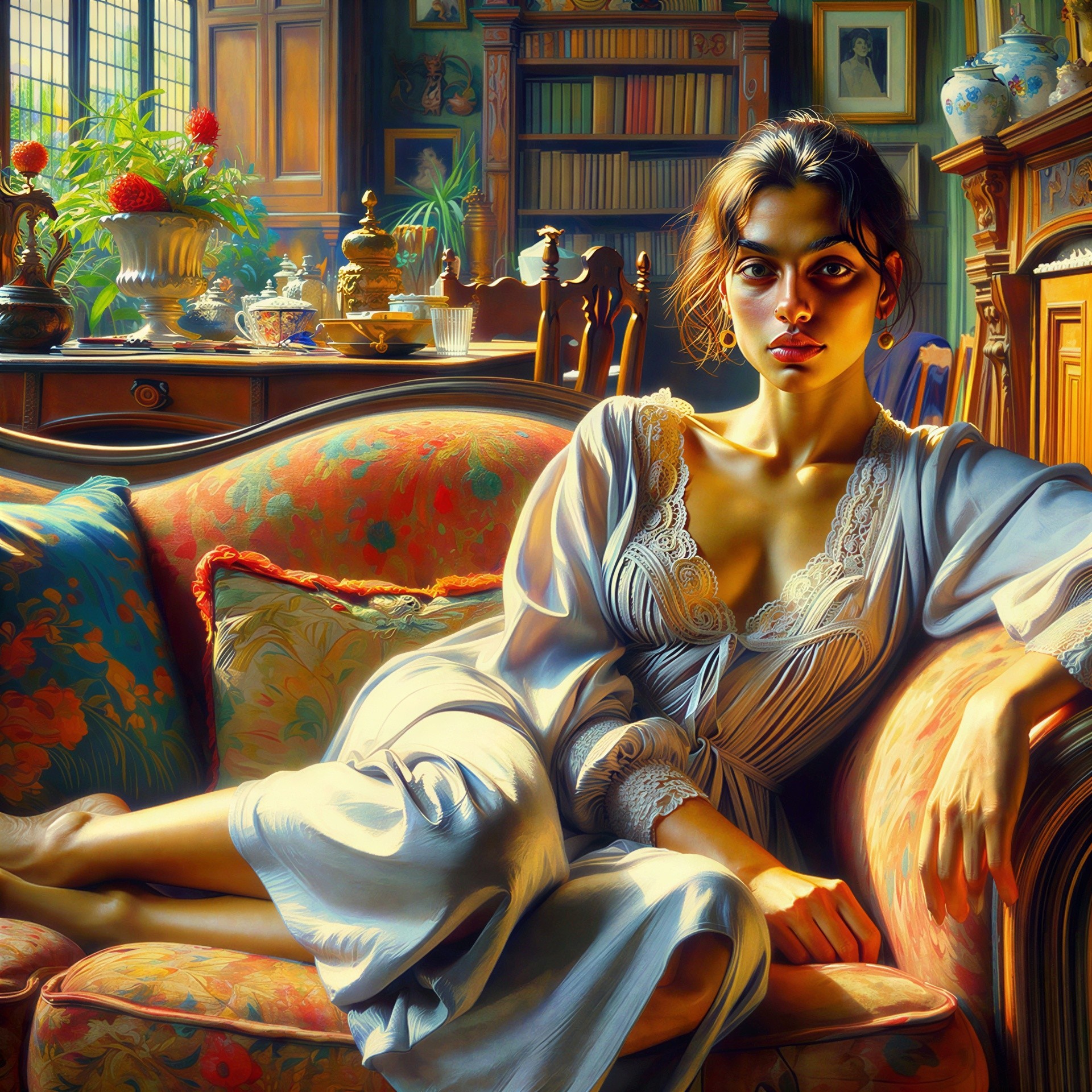 Woman in silk nightgown on floral sofa in opulent room