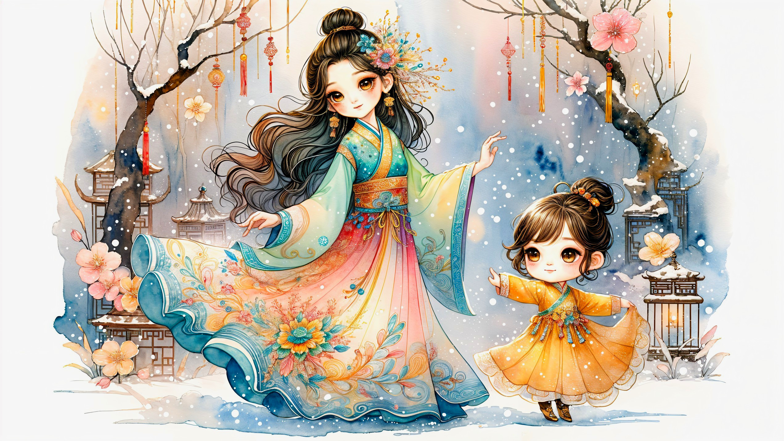 Colorful Traditional Attire in a Snowy Landscape