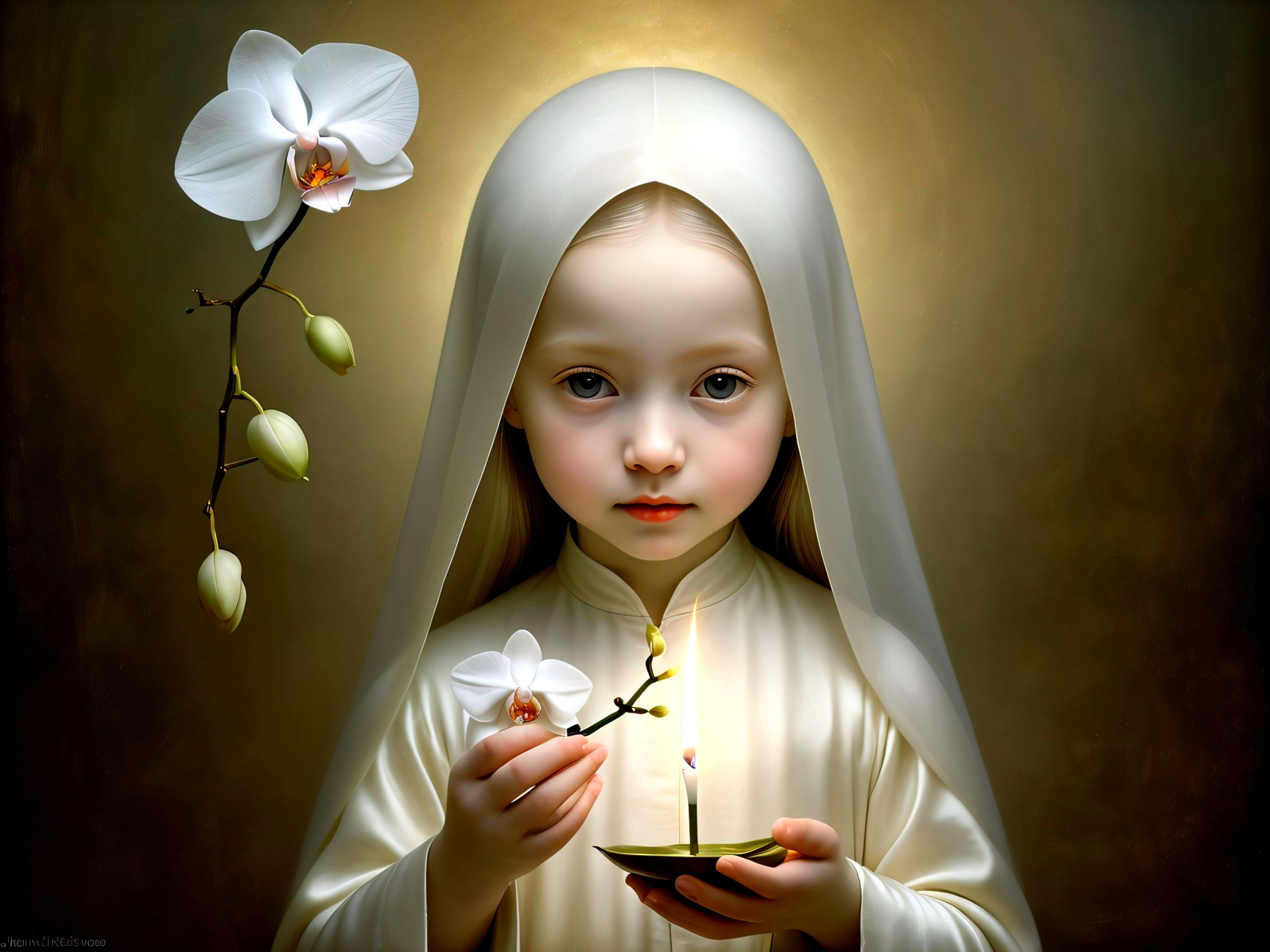 Young girl in white robe with orchid and candle
