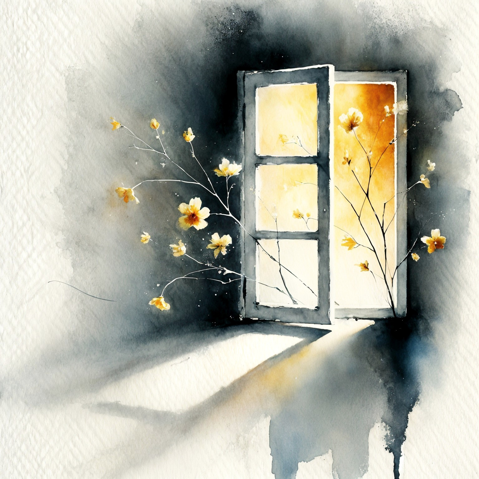 Watercolor Painting of Open Window with Yellow Flowers
