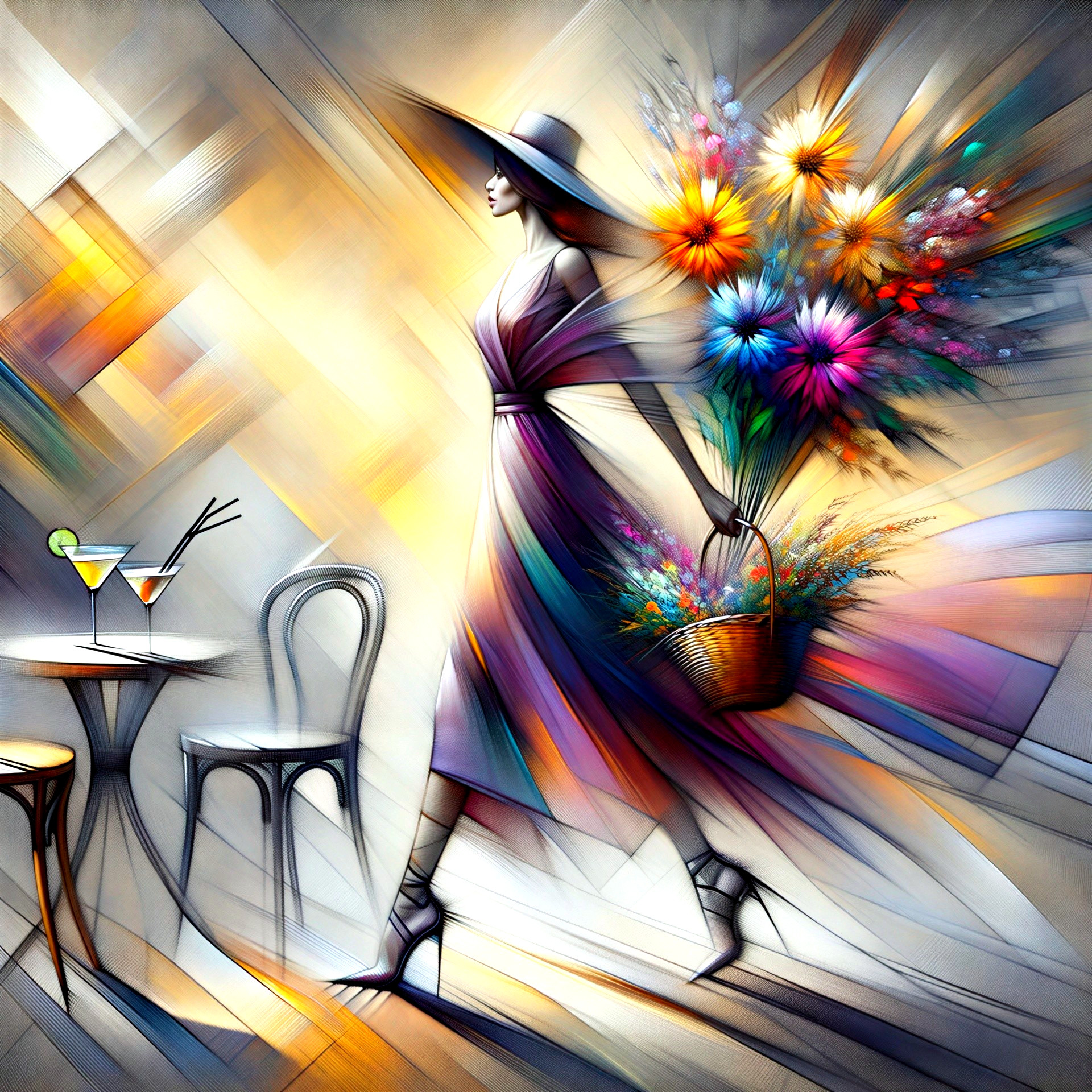 Stylish Figure in Flowing Dress with Flower Basket