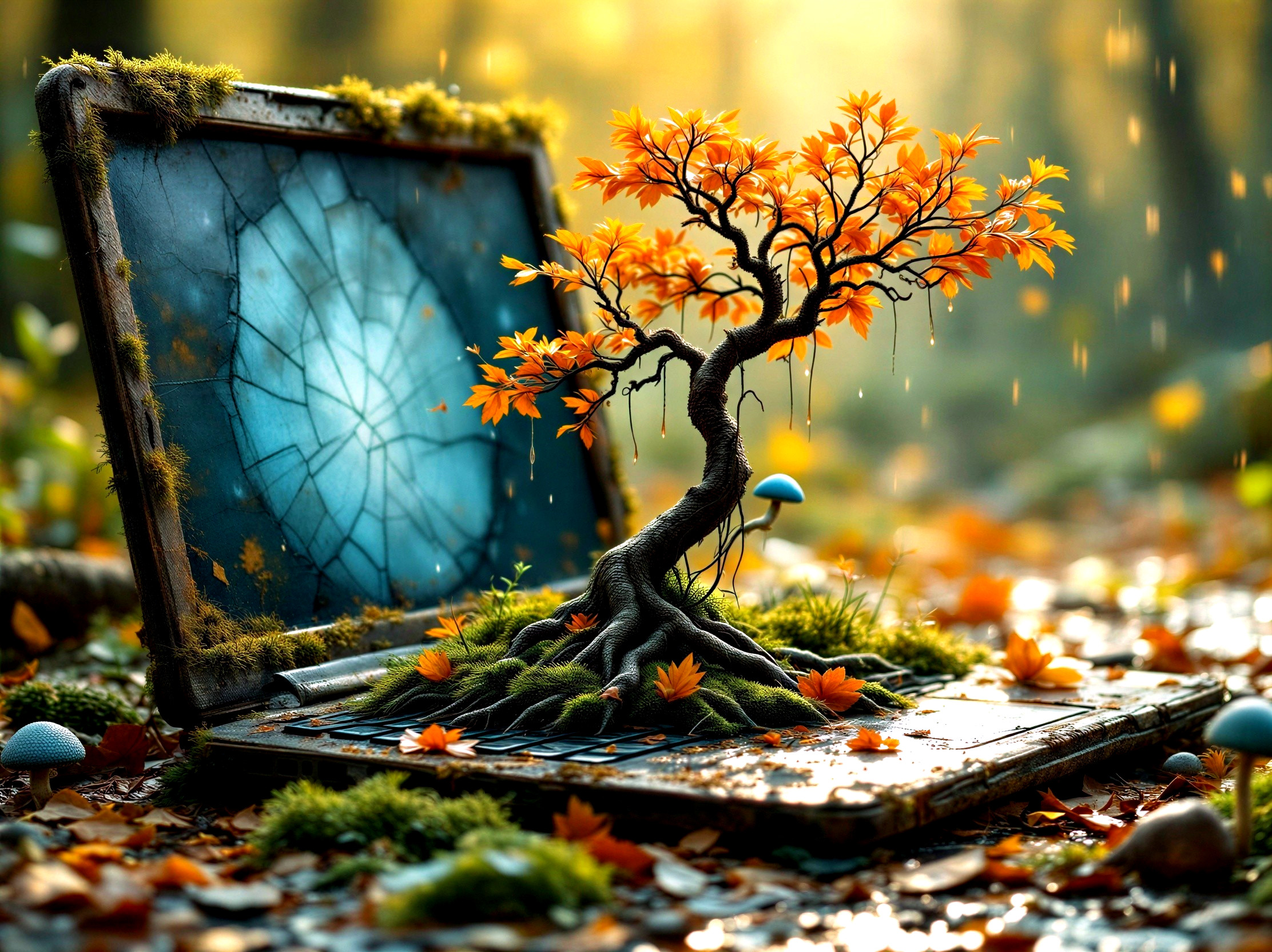 Whimsical Scene of a Laptop and Vibrant Tree Emergence