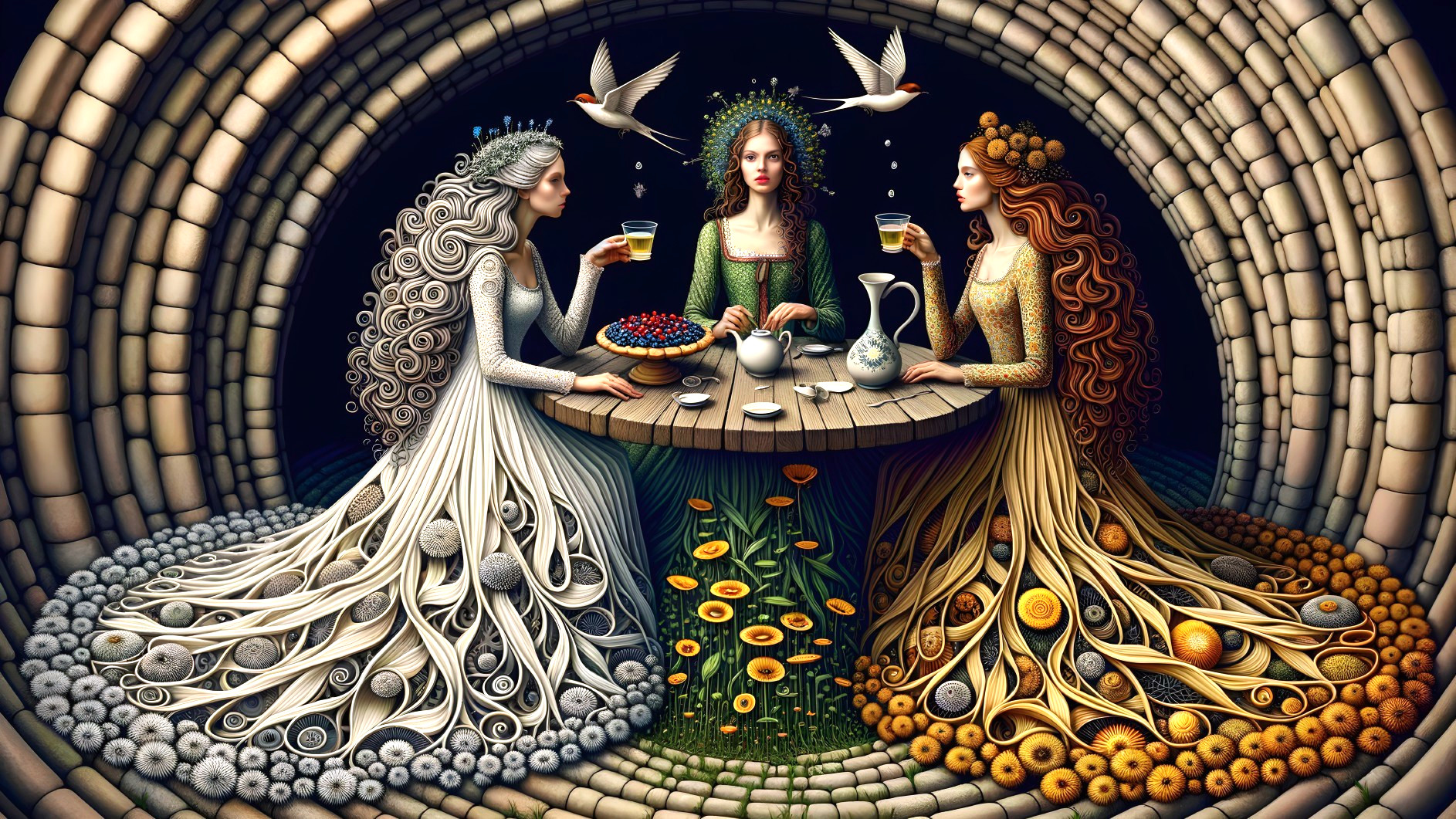 Ethereal Women in Nature-Inspired Tea Party Scene